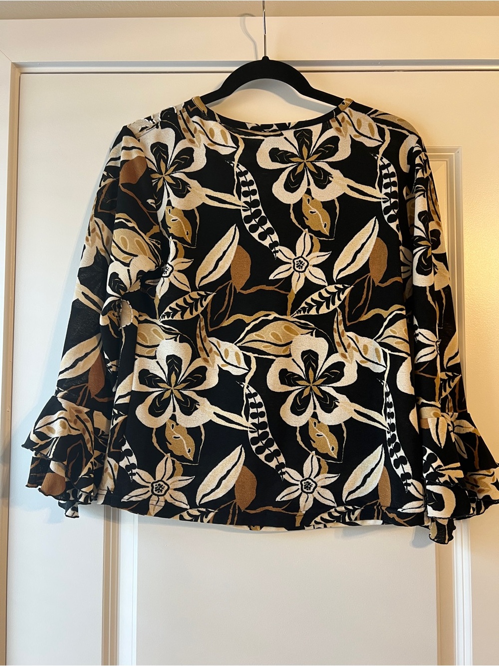Vanity Black Floral Ruffle Sleeve Blouse with Gold Accents - Picture 6 of 7